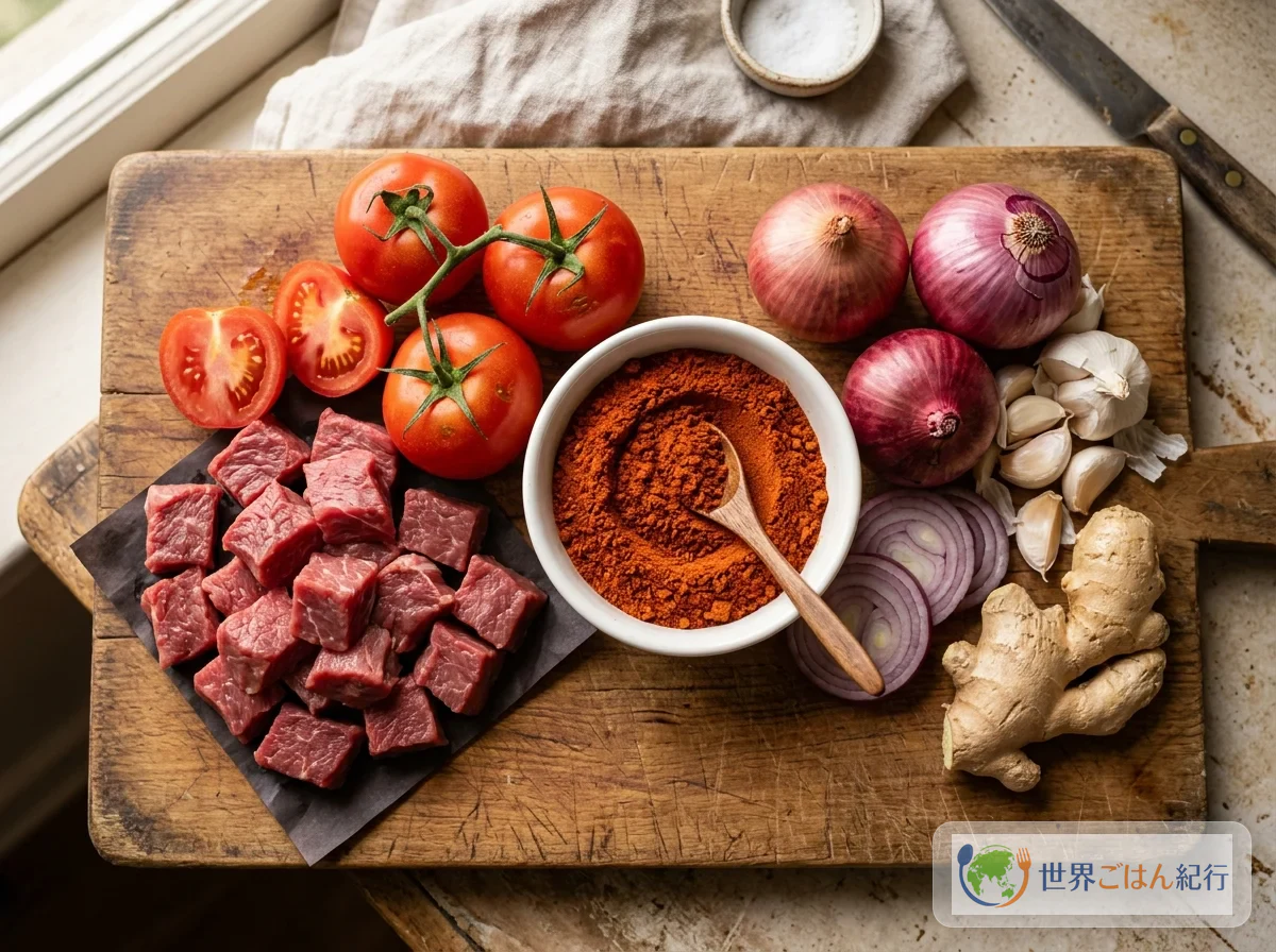 ズィグニの材料。牛肉、トマト、玉ねぎ、にんにく、生姜、ベルベレスパイスパウダーが木のまな板に並ぶ