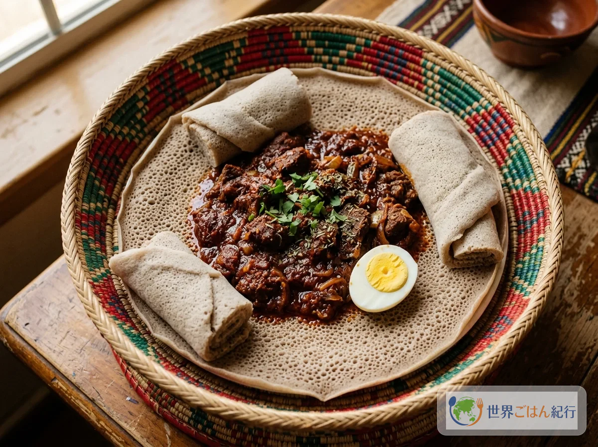 インジェラの上にズィグニと付け合わせが盛られた一皿。手で食べるスタイル