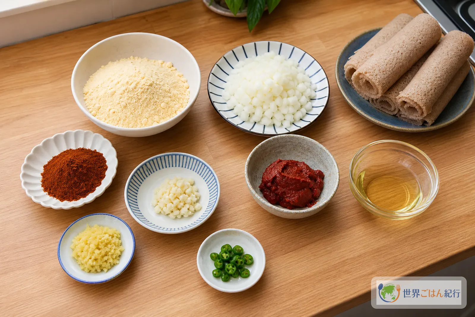 シロワットに使うひよこ豆粉、玉ねぎ、ベルベレ、トマトペースト、インジェラ