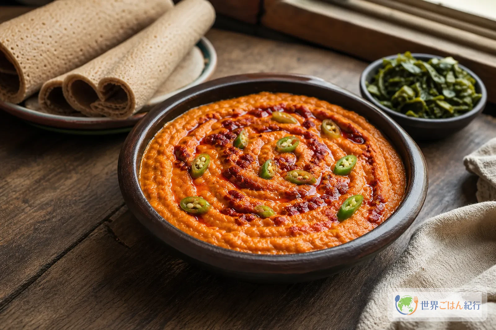 インジェラと青菜を添えたシロワットの食卓