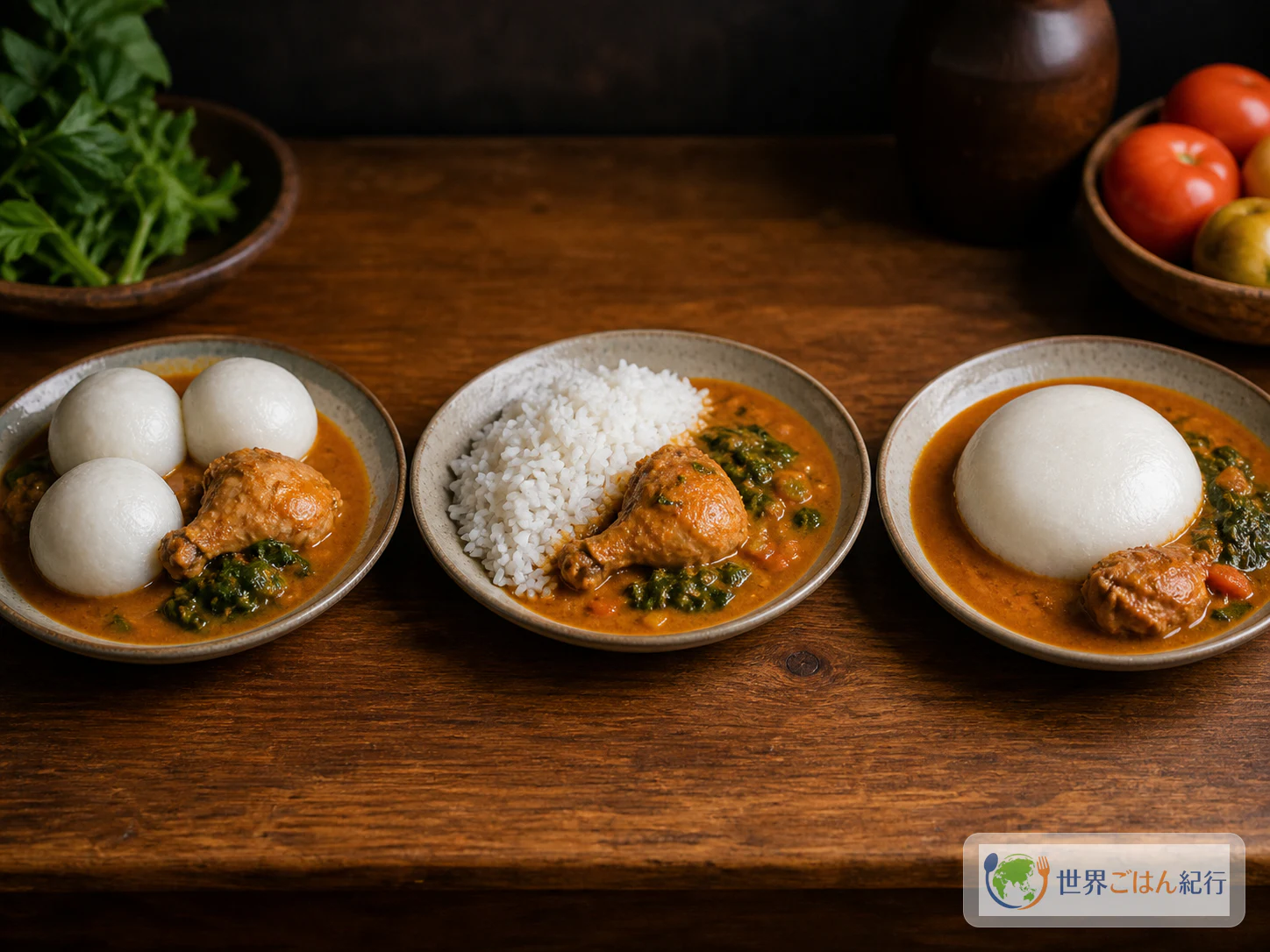 オモ・トゥオをグラウンドナッツスープ、パームナッツスープ、軽いトマトスープと並べたガーナ料理の食卓