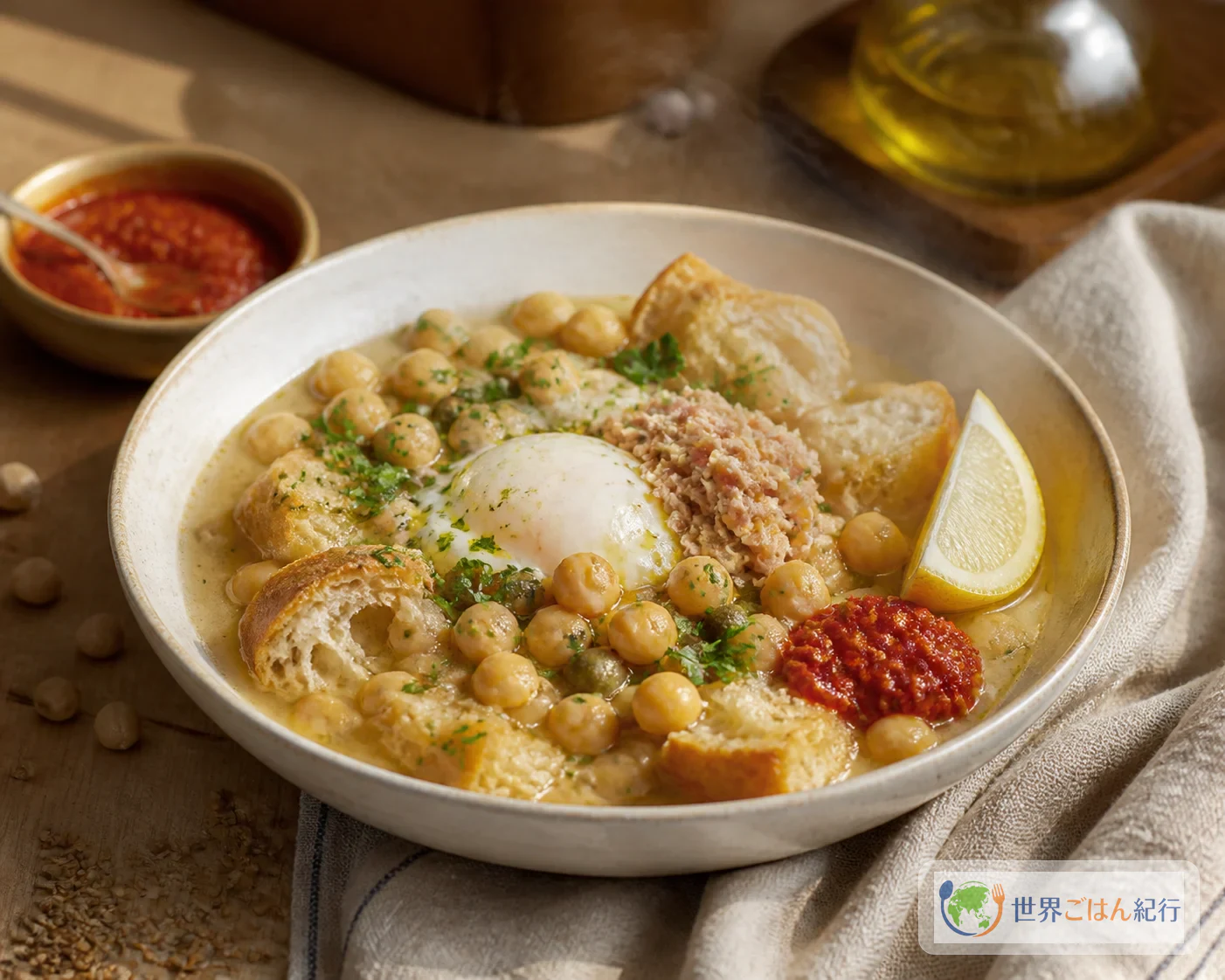 チュニジアのラブラビ。ひよこ豆の薄いスープを吸ったパンに卵とハリッサを添えた一杯