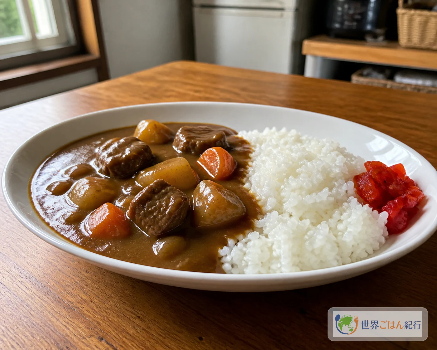 白いご飯の脇にとろみのある牛肉と野菜のカレーを盛り、福神漬けを添えた日本のカレーライス