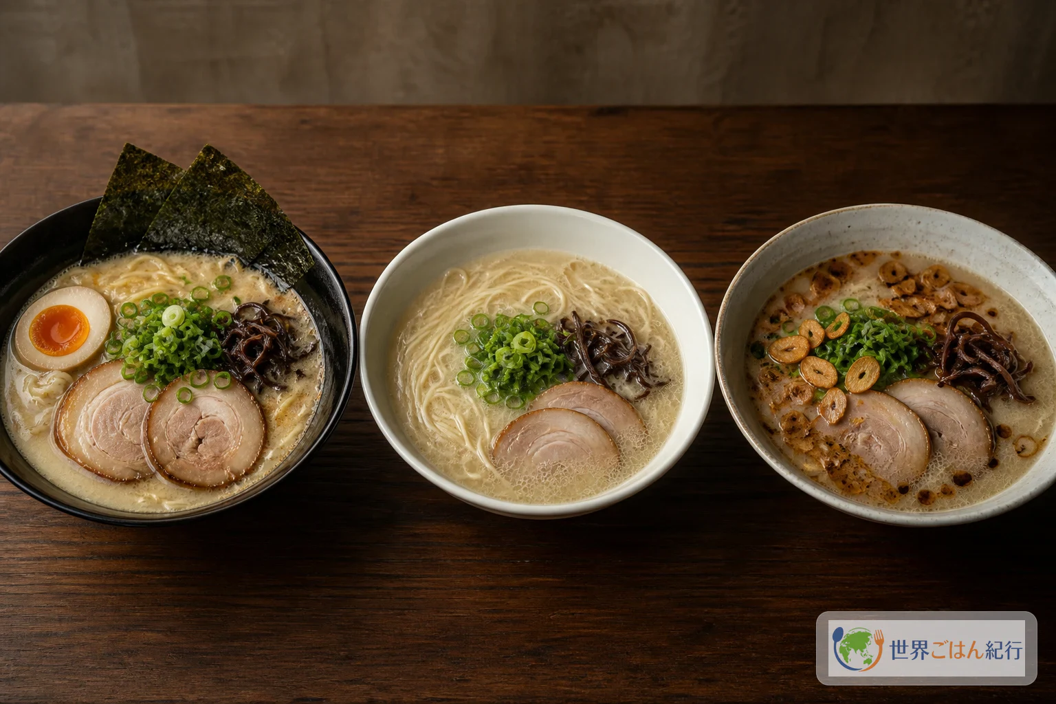 白濁した豚骨スープに細いストレート麺、チャーシュー、きくらげ、青ねぎを盛った豚骨ラーメン