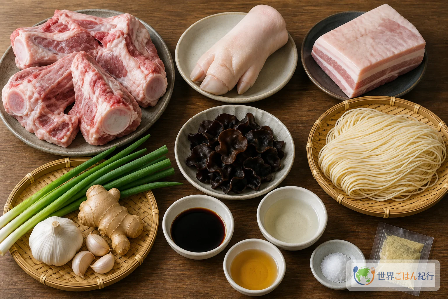 豚げんこつ、豚足、豚バラ肉、細麺、きくらげ、青ねぎ、しょうゆを並べた豚骨ラーメンの材料