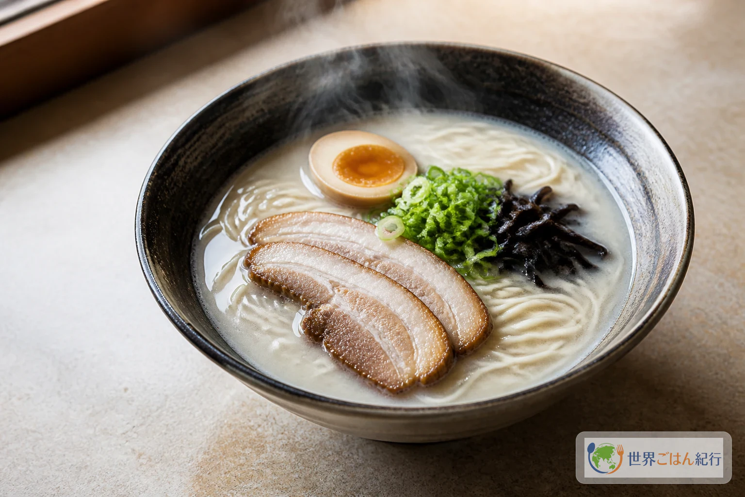 久留米風の濃い豚骨、博多風の細麺、熊本風のにんにくを添えた三つのラーメン
