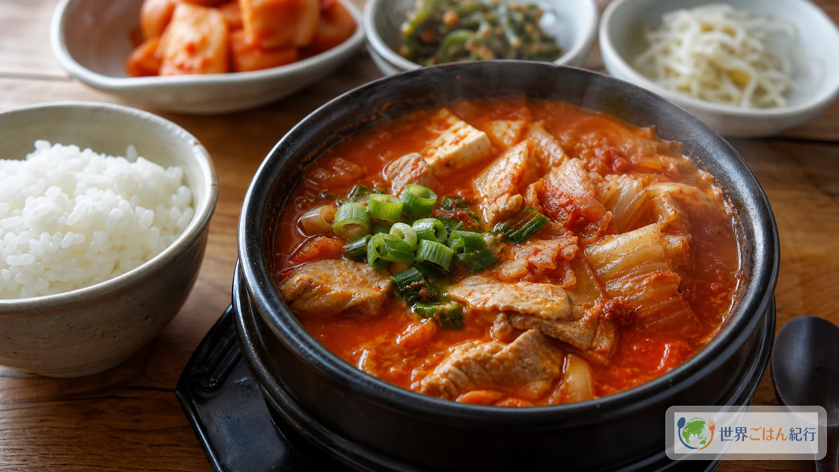 熟成キムチ、豚肉、豆腐、青ねぎを赤いスープで煮た韓国のキムチチゲ