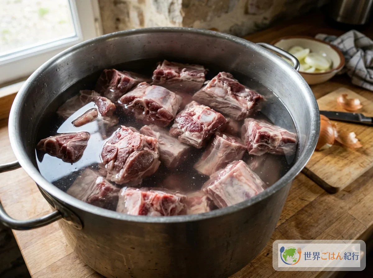 手順1: 肉を茹で始める(2時間)