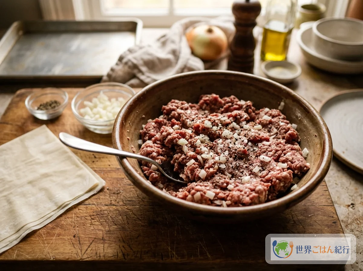 挽肉フィリング。牛挽肉と玉ねぎを塩・胡椒で味付けしたシンプルな材料