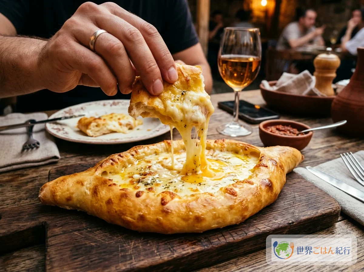 パンの縁をちぎってとろけるチーズに絡めて食べる様子