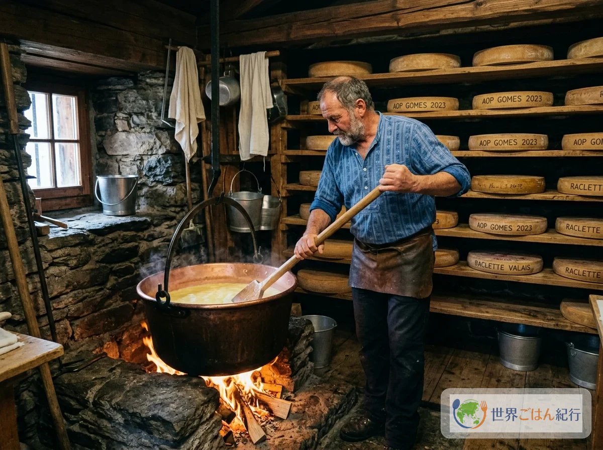 スイスの伝統的なチーズ小屋でラクレットチーズを作っている様子