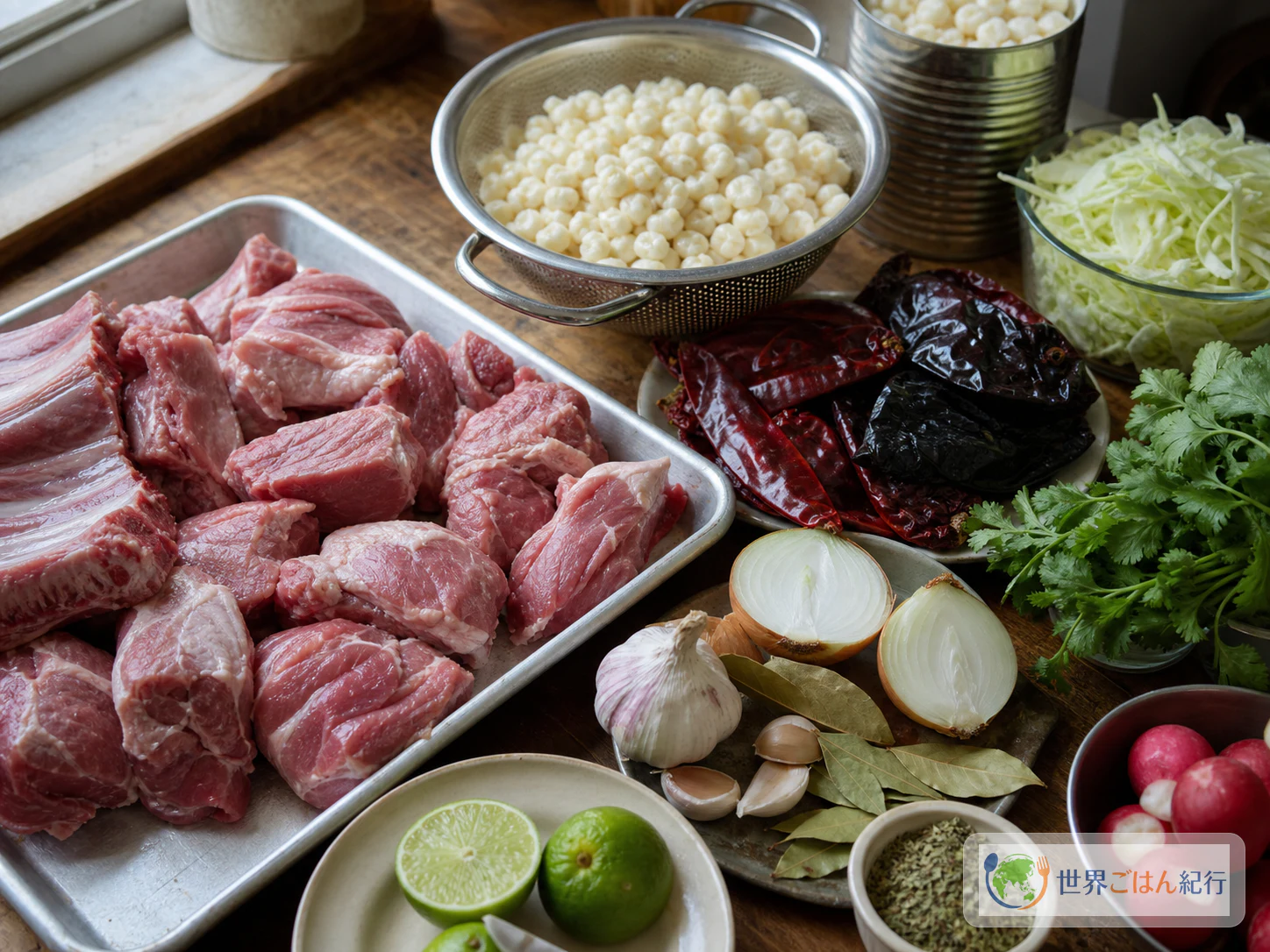 豚肉、ホミニー、乾燥チリ、仕上げ野菜を台所に並べたポソレ・ロホの材料