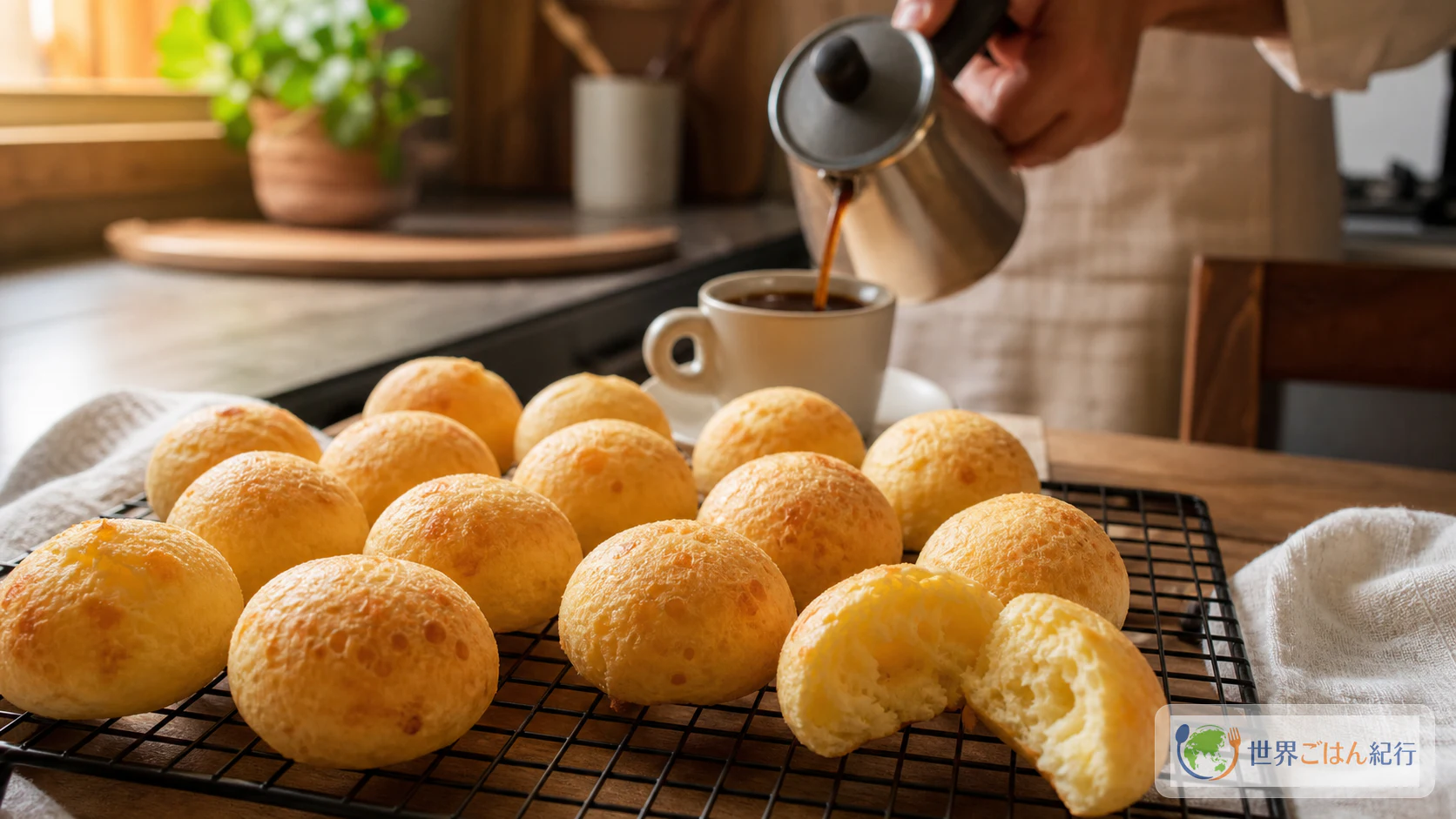 焼き上がったポンデケージョを網に並べ、割った一つとコーヒーを添えた食卓