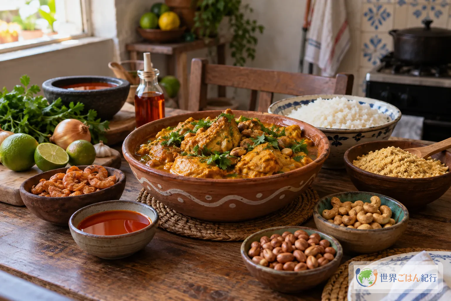 バイーア料理を思わせる食材とシンシン・デ・ガリーニャを囲む家庭の食卓