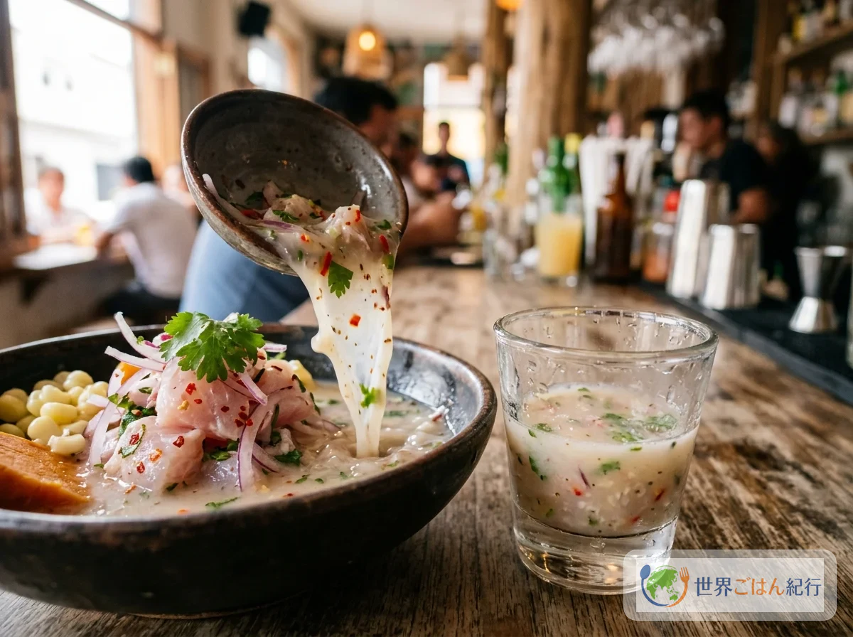 セビーチェのタイガーミルク。黄色い辛味は少量だけ入れると魚の味を邪魔しない