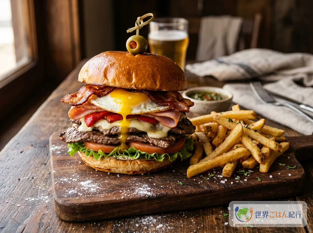 ウルグアイの国民食チヴィトー。薄切りビーフステーキ、目玉焼き、ハム、モッツァレラチーズ、トマト、レタスが層になったバンズサンドイッチがフライドポテトと共に木の板に盛られている