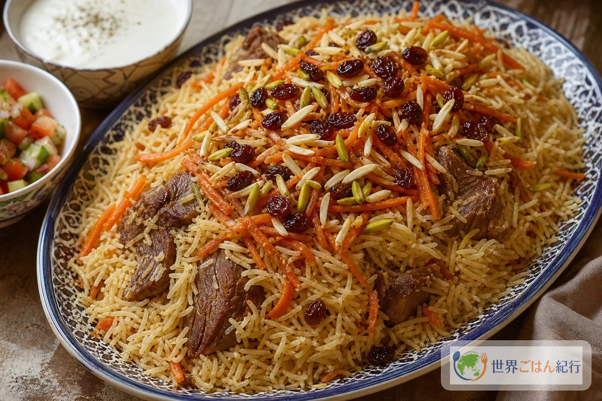 カブリ・パラウ。バスマティ米にラム肉、にんじん、レーズン、ナッツを重ねたアフガニスタンの祝い米