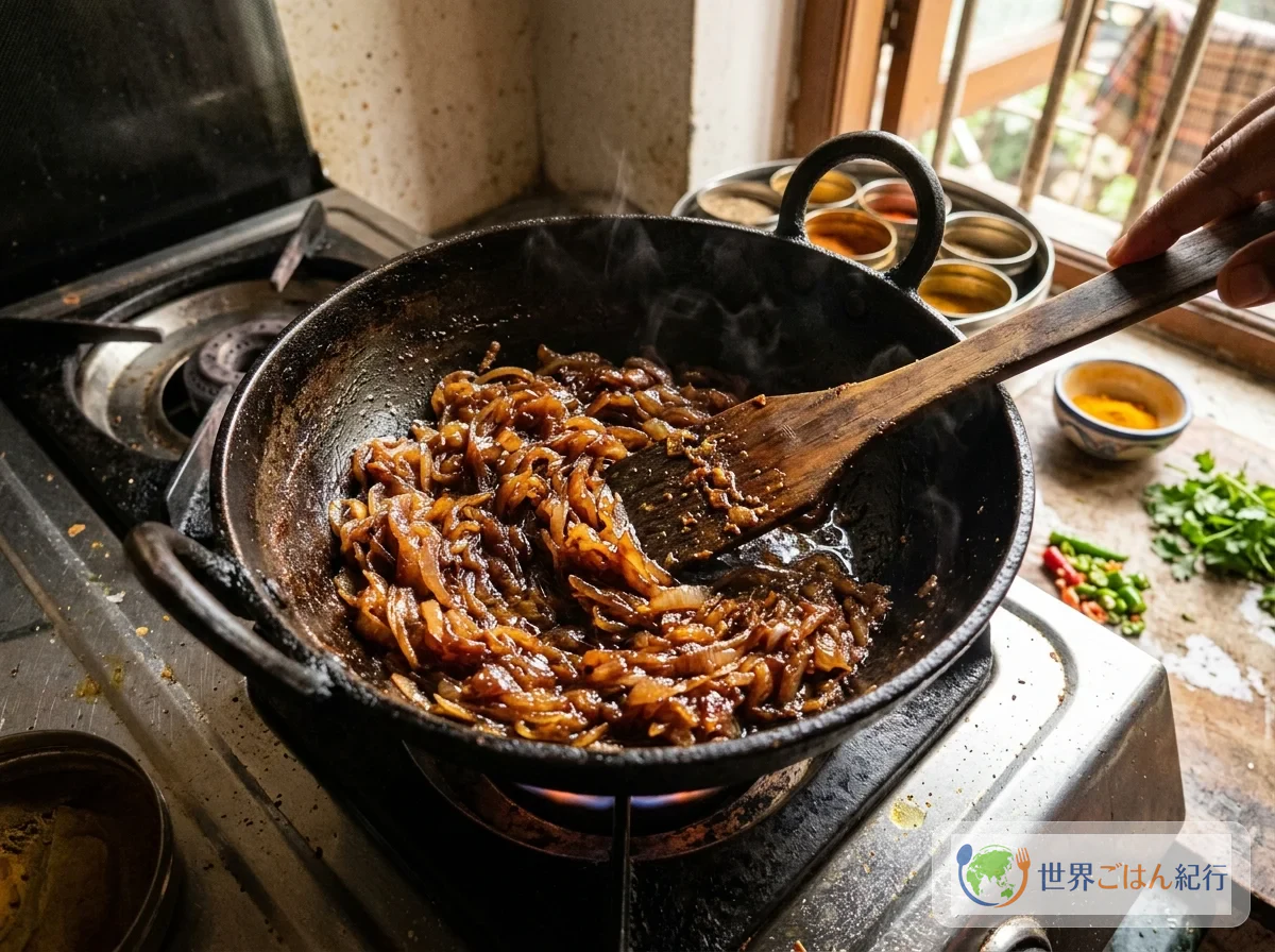 手順3: 玉ねぎを茶色くなるまで炒める