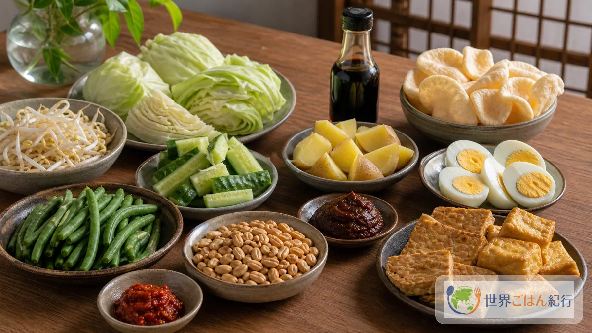 ガドガドに使う野菜、豆腐、テンペ、卵、ピーナッツ、ケチャップマニスを並べた台所