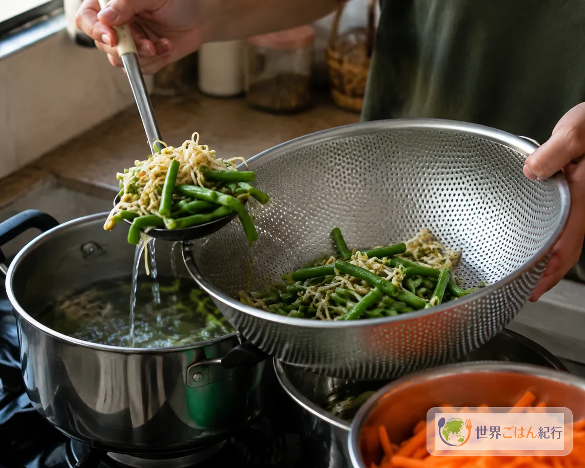 手順4: 野菜をゆでて水気を抜く(10分)