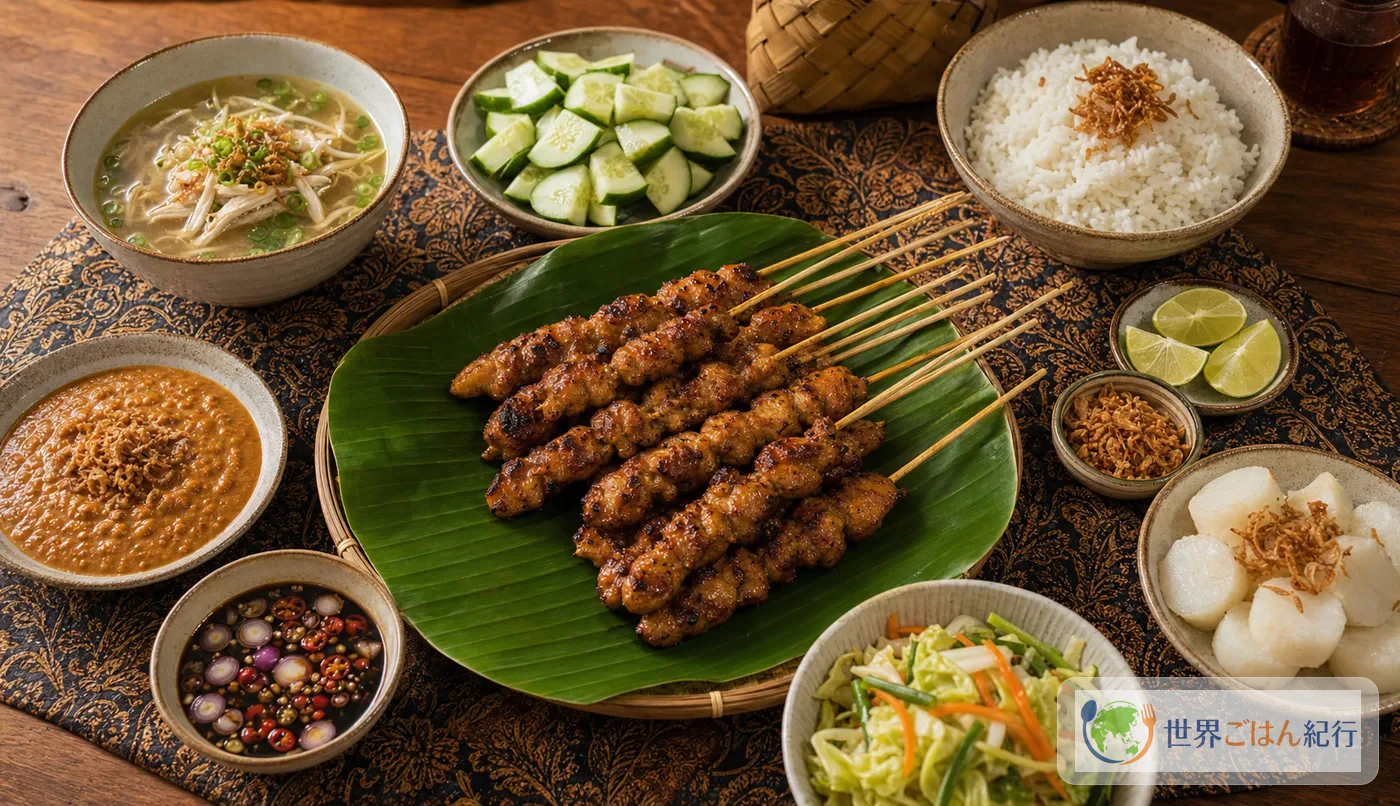 サテアヤムと白ご飯、サンバル、ピーナッツだれを囲む家庭の食卓