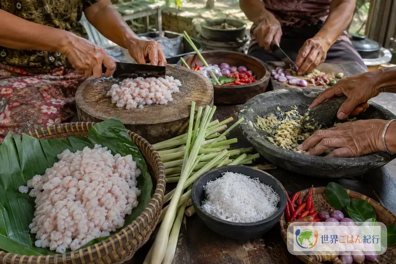 魚と香味野菜を刻み、レモングラスへ巻く準備をするバリの共同調理