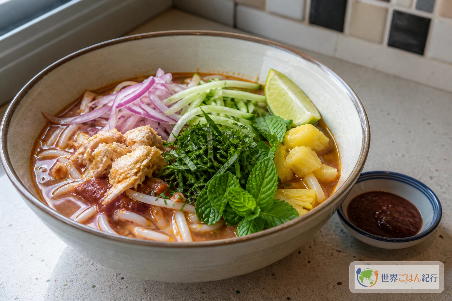魚の赤い酸味スープに太い米麺、きゅうり、パイナップル、ミントを重ねたペナン風アッサムラクサ