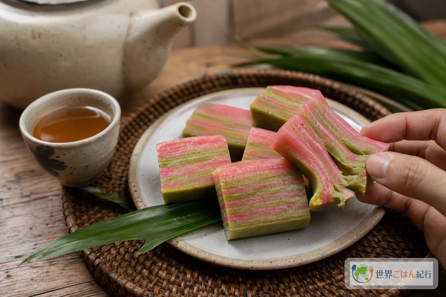 白とピンクのクエ・ラピスを指で分けて食べるマレーシアの菓子の食卓