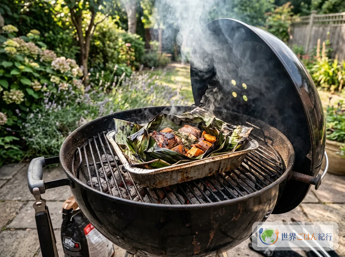 BBQグリルでアルミトレイに入れたムームーを調理する様子
