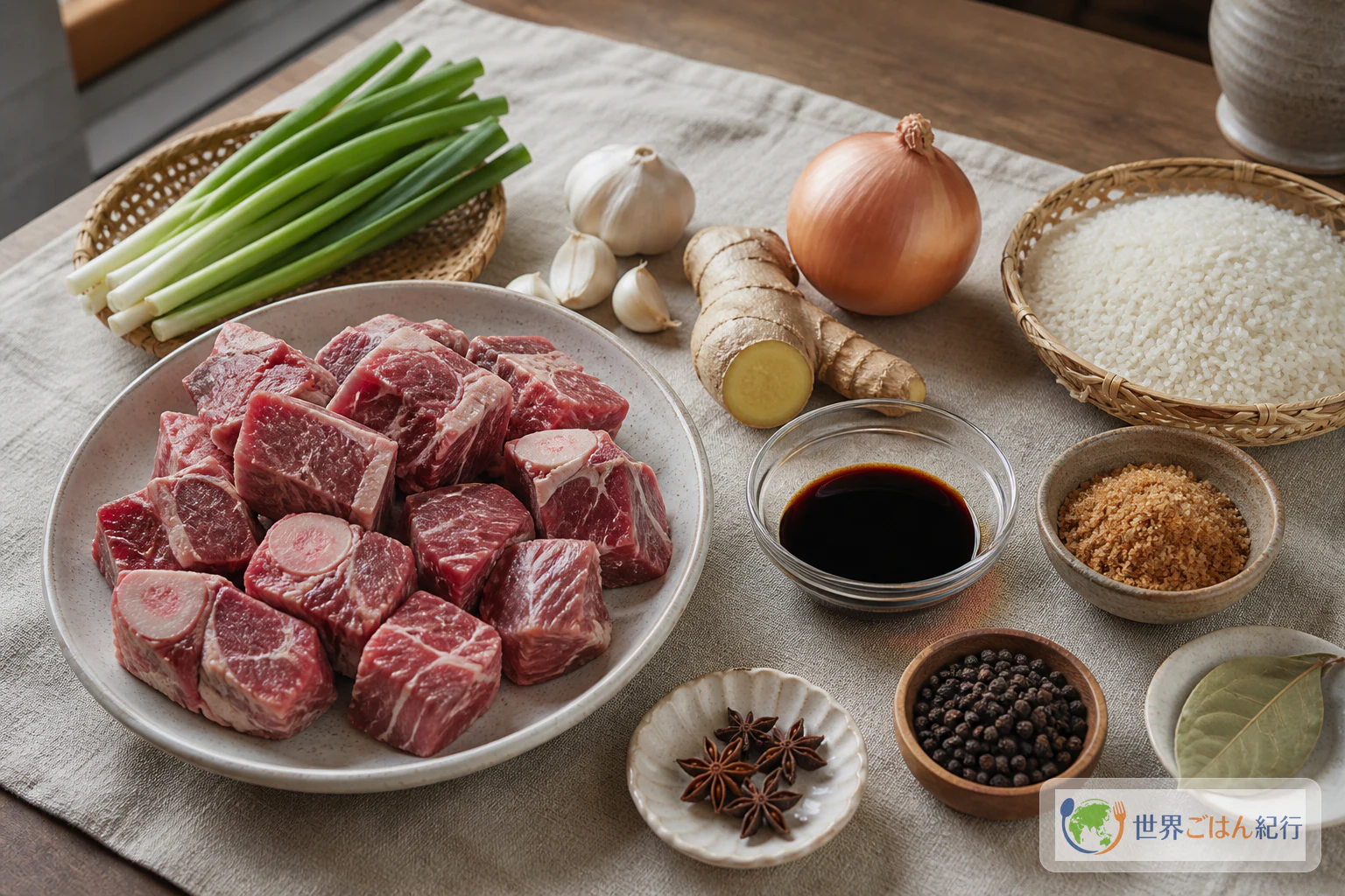 牛すね肉、にんにく、玉ねぎ、しょうが、しょうゆ、砂糖、スターアニス、黒こしょう、米を並べたビーフ・パレスの材料