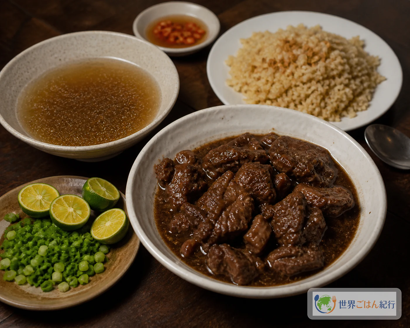 甘辛い牛肉、ガーリックライス、澄んだスープ、カラマンシーとチリビネガーを並べたビーフ・パレスの食卓