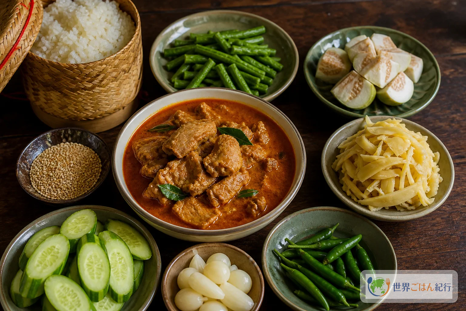 ゲーンハンレーに野菜、もち米、漬物を添えたアレンジの食卓