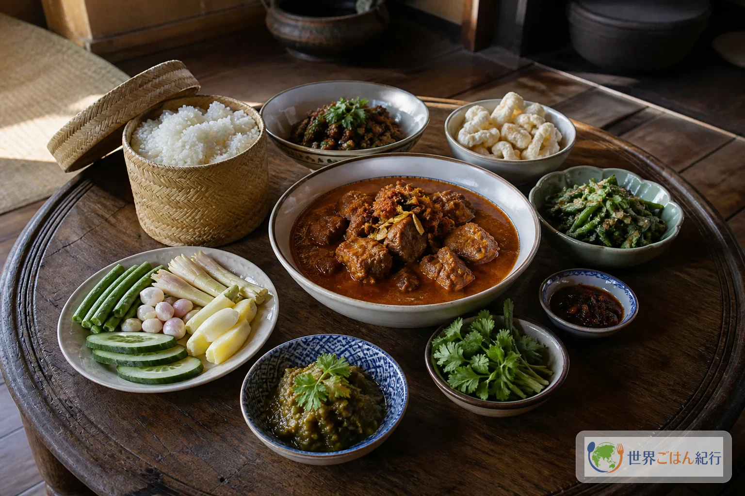 ゲーンハンレーともち米、漬物を囲む北タイ風の食卓