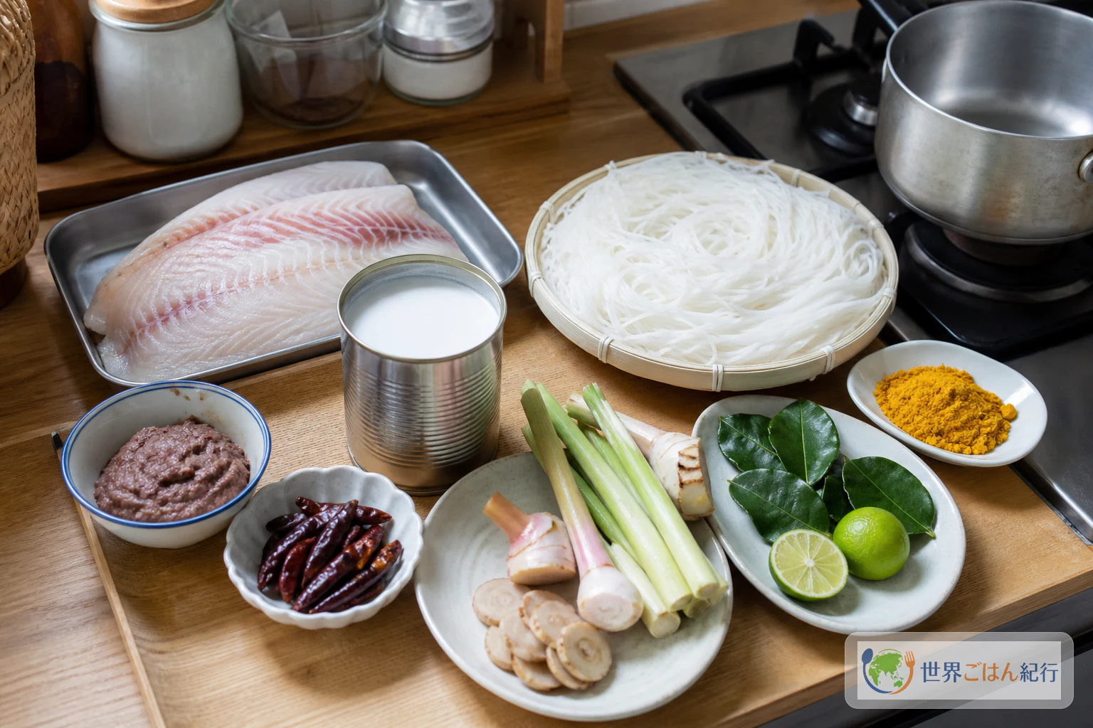日本の台所でカノムチーン・ナムヤーを再現する材料。乾燥米麺、魚、ココナッツミルク、タイの香味素材が調理台に並んでいる