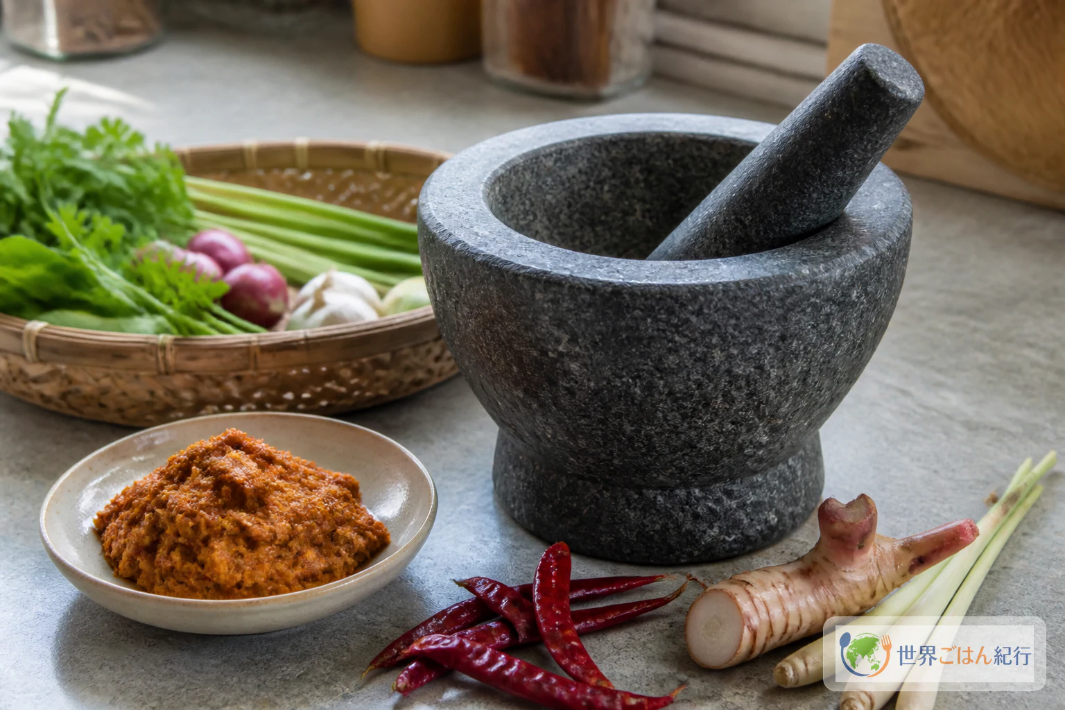 花崗岩の乳鉢とすりこぎで、タイのカレーペーストを作る道具の使用イメージ。横に乾燥唐辛子とレモングラスが置かれている