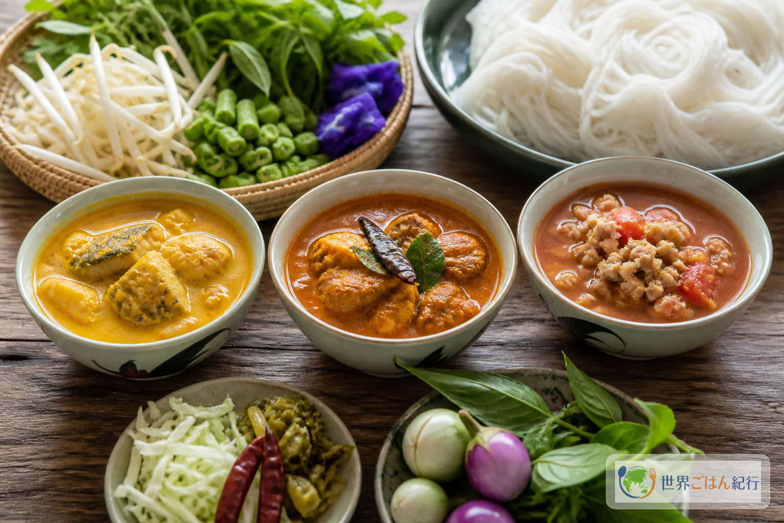 タイの地域差を表すカノムチーンの食卓。ココナッツ入りの黄色い魚カレー、赤い南部風の汁、トマト色の北部風の汁が小皿に並ぶ