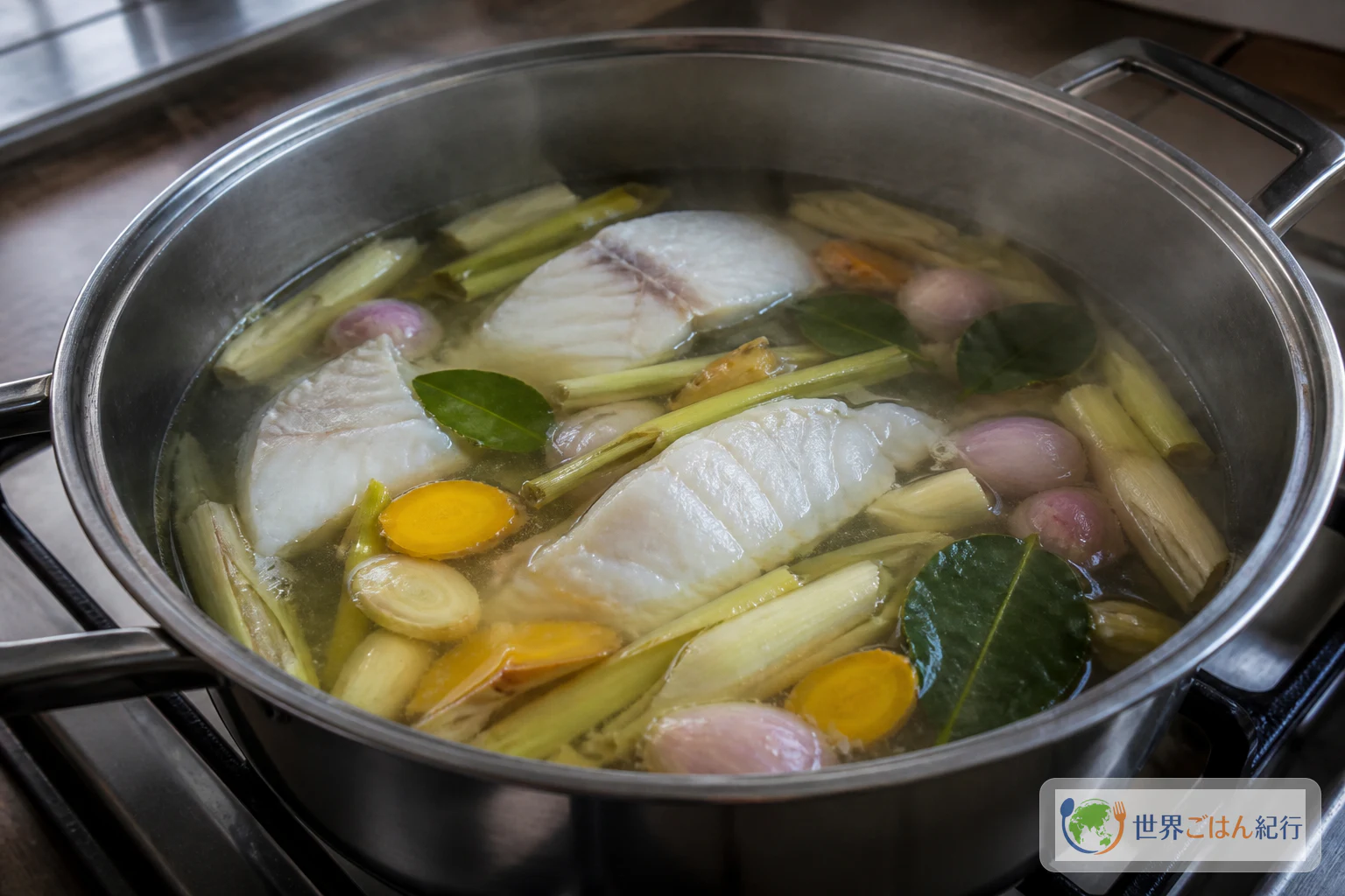 手順1: 魚と香味野菜をゆでて、だしを取る