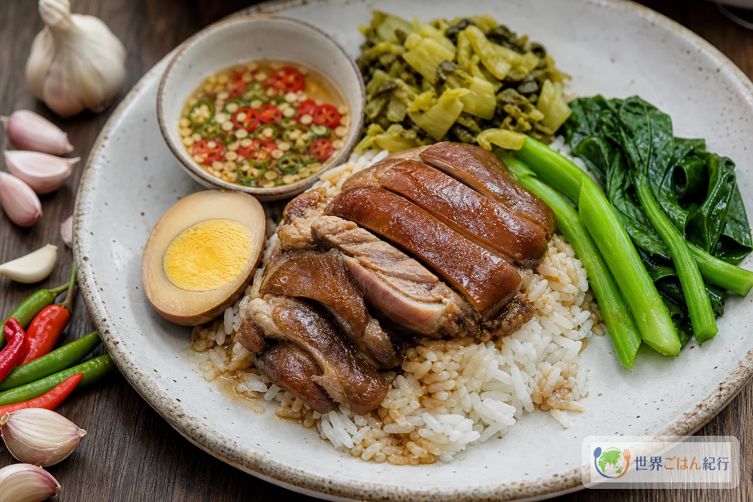 ジャスミンライスにタイ風豚足煮込み、煮卵、青菜、からし菜漬け、酢唐辛子だれを添えたカオカームー