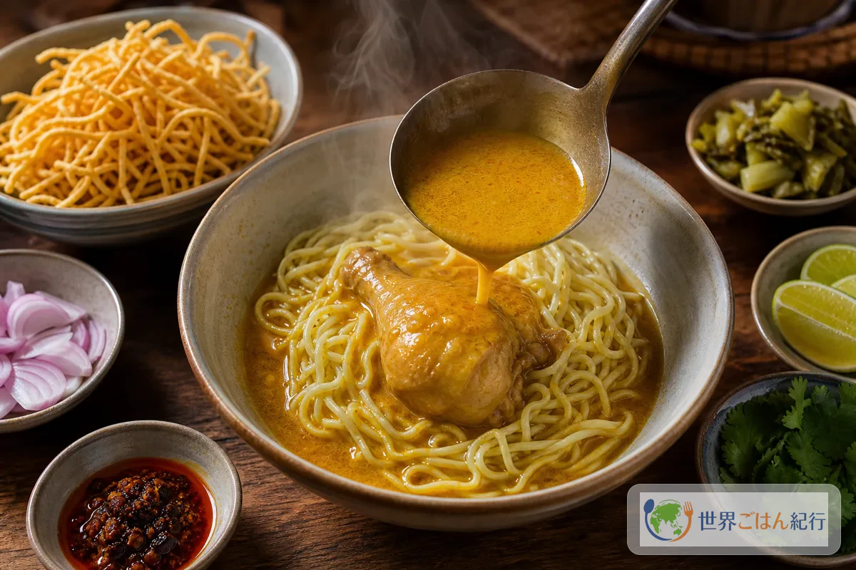 手順6: ゆで麺を盛り、スープを注ぐ(6分)