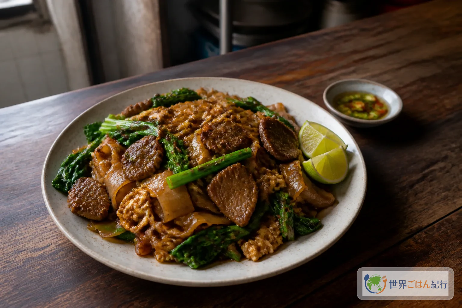 黒しょうゆの照りをまとった幅広米麺とカイラン、牛肉、卵のパッシーイウ