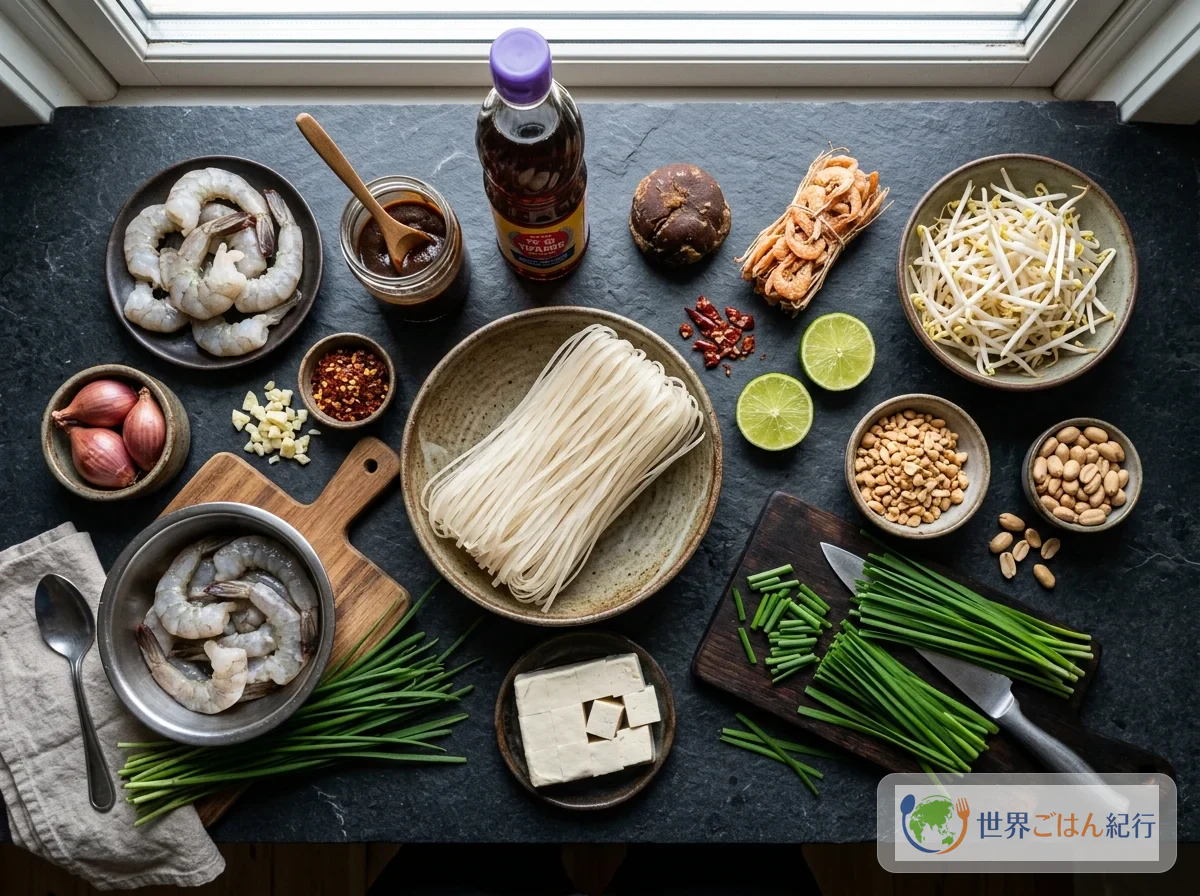 パッタイの材料を台所に並べたところ。米麺、タマリンド、ナンプラー、パームシュガー、海老、豆腐を使う