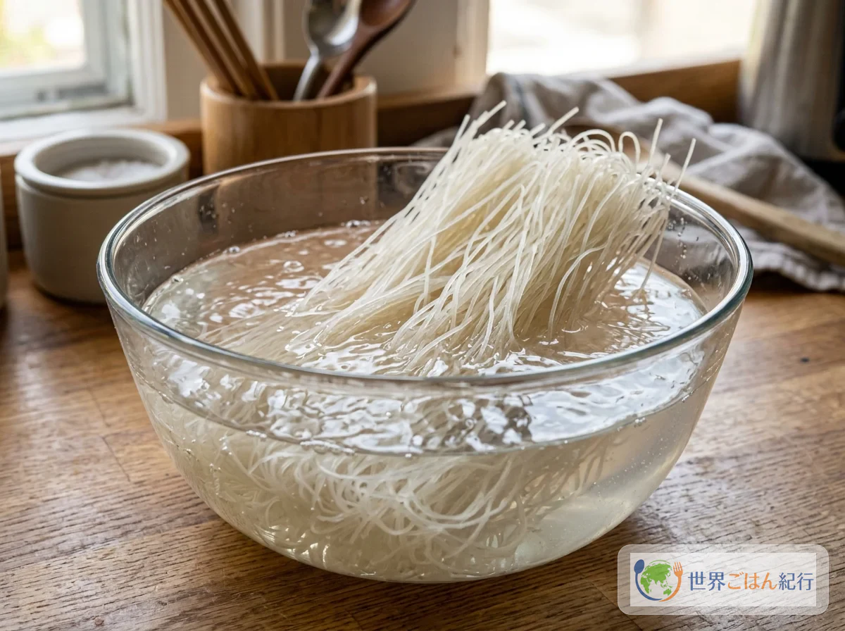 手順1: 幅2〜3mmの米麺を、火を使わず戻す