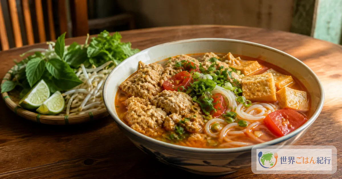 トマトの赤いスープに田ガニのリエウ、米麺、揚げ豆腐、香草を盛ったベトナムのブンリュウ