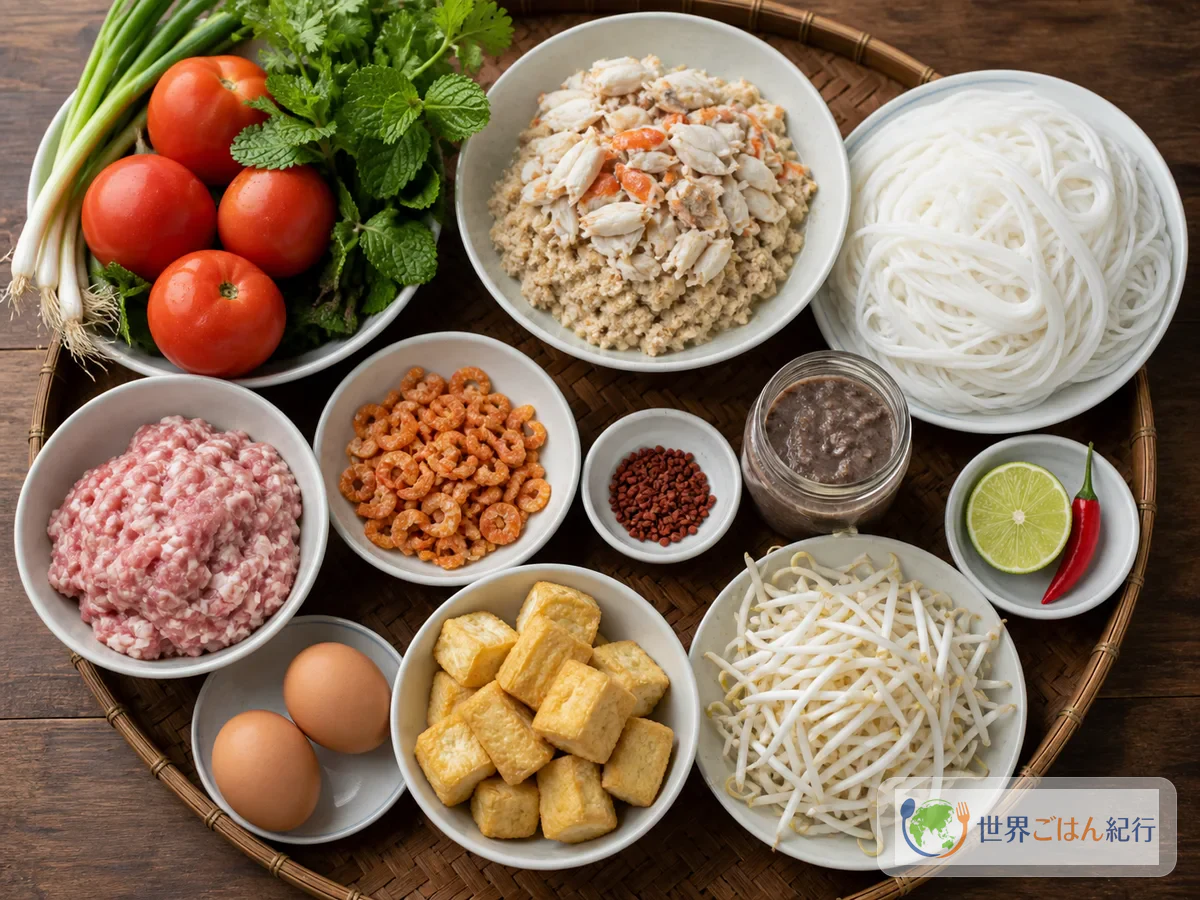 カニ缶、豚ひき肉、トマト、干しえび、アナトー、米麺、豆腐、香草を並べたブンリュウの材料