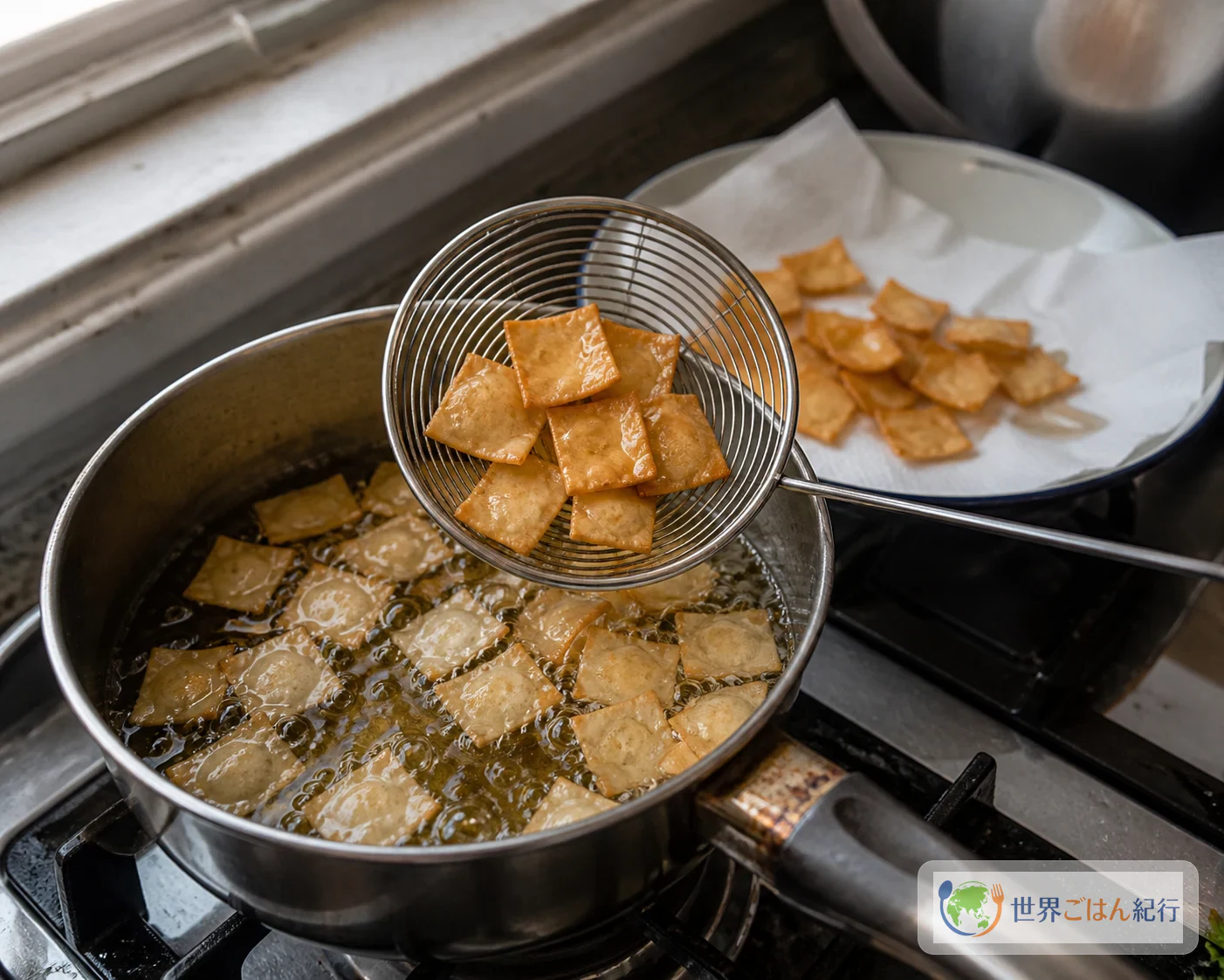 手順4: ワンタンの皮を揚げて、食感を作る