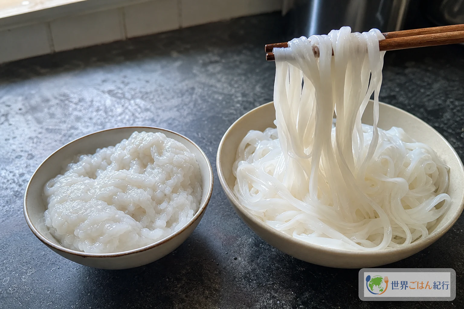 濁ったスープ、ゆですぎた米麺、具を煮すぎた状態を見比べるフーティウの失敗確認